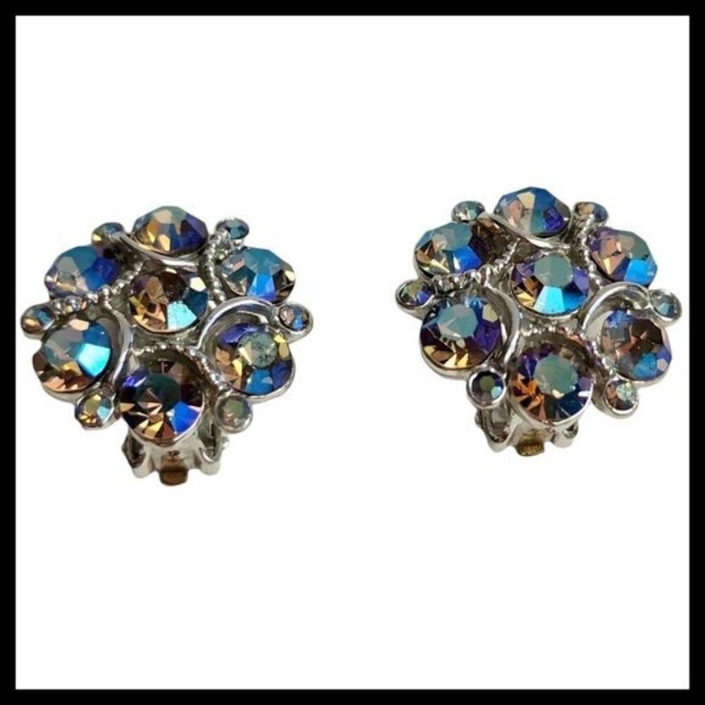 Vintage Signed Lisner Aurora Borealis Rhinestone Clip On Earrings Silver Tone